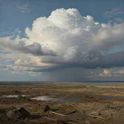 surreal painting of polluted landscape, realistic clouds
