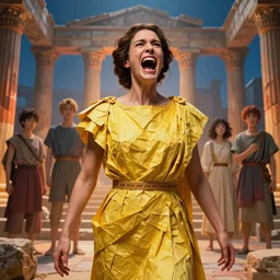 high detail portrait of a screaming woman wearing an ancient greek tunic made of yellow paper, unreal engine, stephen bliss, fantasy art by greg rutkowski, rhads, ferdinand knab, makoto shinkai and lois van baarle, ilya kuvshinov, rossdraws, tom bagshaw, global illumination, radiant light, ancient greek temple ruins, orange and blue color theme