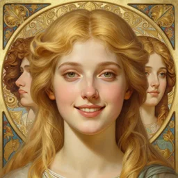 symmetrical feminine face, portrait of young woman blessed by god with ever - increasing physical and mental perfection, blonde hair, perfect face!! intricate, elegant, highly detailed, vision of holy perfection!! smile, digital painting, artstation, concept art, smooth, sharp focus, illustration, art by artgerm and greg rutkowski and alphonse mucha