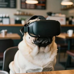 film still medium shot a pug wearing a vr headset in a coffee shop, leica sl 2 5 0 mm, vivid color, high quality, high textured, real life
