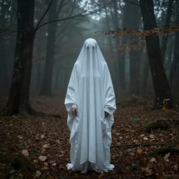 a white female ghost in a ominous forest, autumn, 35mm, cinematic atmosphere, mist, photorealistic, depth of field, gloomy