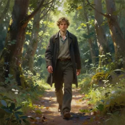 a painting of a man walking down a path in a forest, a storybook illustration by charlie bowater, featured on deviantart, fantasy art, storybook illustration, detailed painting, enchanting