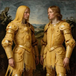 fully featured siamese twins made of spaghetti, intricate armor made of fractals of spaghetti, by giuseppe arcimboldo and ambrosius benson, renaissance, a touch of beksinski, realistic, high definition