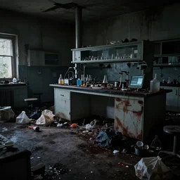 dark, dirty, abandoned laboratory, piles of trash and junk on the floor, blood stains on the walls, low brightness, cinematic lighting