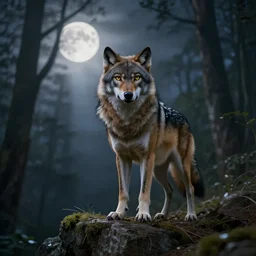 Intimidating chimera of a wolf and a nightjar, standing on a cliff's edge looking straight ahead, rays of moonlight illuminating a forest backdrop
