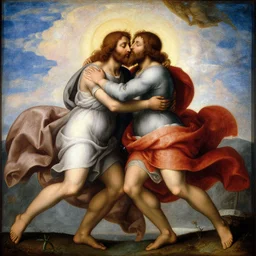 moses and jesus hugging in the sky, renaissance painting