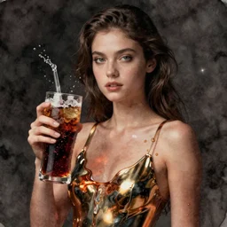 beautiful young woman in soda water, in the style of irakli nadar, liquid metal top, effervescent, warm, dark, watercolor, deep mood, hyperrealism, 3 d, epic and cinematic, roger deakins on cinematography