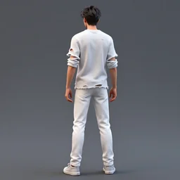 male teen wearing ripped white shirt and ripped white jean pants, back to the viewer, full body shot, 3 d render, 8 k, isolated, ya fantasy