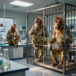 chemical laboratory with toxic monkeys in cages, hyper realistic, art by mike winkelmann