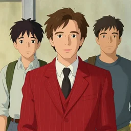 artwork by Michael Whelan, Bob Larkin and Tomer Hanuka, of portrait of Joseph Gordon-Levitt wearing a red striped suit, dapper, from scene from Twin Peaks, simple illustration, domestic, nostalgic, from scene from Twin Peaks, clean,  full of details, by Makoto Shinkai and thomas kinkade, Matte painting, trending on artstation and unreal engine