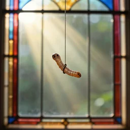 a worm on a string, stained glass window, god rays, colored sunbeams, bokeh
