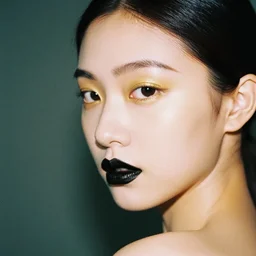 filmstill, over the shoulder photography of asian girl with golden makeup looking in to the camera, black lips, black kimono, black pagoda, black face tattoo, sad mood, god rays, volumetric light, lightbeams, art noveau style, neobrutalistic