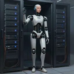 server room in datacenter painting concept art of full - body robot with beautiful human face, posing in server room, wires, by pascal blanche rutkowski artstation blender detailed