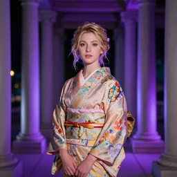 a beautiful blond woman wearing a colorful yukata, by jeremy mann and alphonse mucha, dramatic lighting, ethereal, roman columns, night, purple lighting