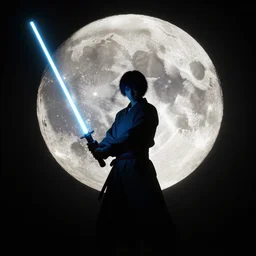 a person holding a light saber in front of a full moon, an ambient occlusion render by Tōshūsai Sharaku, cg society contest winner, neo-dada, ambient occlusion, rendered in cinema4d, black background