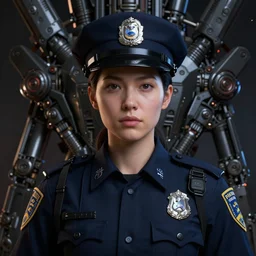 Female in police uniform, hyperrealistic mixed media, stunning 3d render inspired art by P. Craig Russell and Barry Windsor-Smith + perfect facial symmetry + dim volumetric lighting, 8k octane beautifully detailed render, post-processing, extremely hyperdetailed, intricate futuristic mechanic parts, epic composition, grim yet sparkling atmosphere, cinematic lighting + masterpiece, trending on artstation