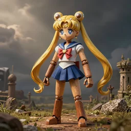 a medieval robot made of wood dressed like sailor moon, award - winning digital art