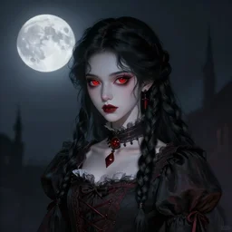 a beautiful digital painting of a daughter of the night with red eyes and long, black, braided hair. vampiric, full moon, highly detailed, sharpness. victorian dress.