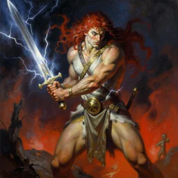 a detailed and vibrant portrait painting inspired by beksinski and frank frazetta of a powerful paladin wearing a loincloth, holding a sword shooting lightning
