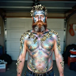 a bearded man, painted with iridescent bodypaint, standing in his cluttered garage, he is covered with barnacles, 1 1 0 kodak