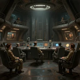 concept art by greg rutkowski, the ship's control room, brutalist futuristic interior, dark lighting atmosphere, detailed portraits, nostalgic atmosphere, scifi, digital painting, artstation, concept art, smooth, sharp foccus ilustration, artstation hq