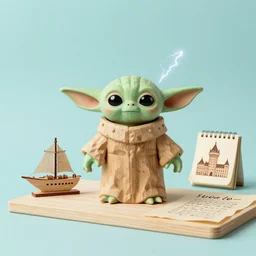 wooden yoda, wooden starship, wooden board, manuscript, chateau, nordic pastel colors, perfect lightning