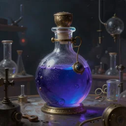a painting of a steampunk violet blue potion bottle in a dark dusty vintage science lab, by h. r. giger, hyperrealistic fantasy art, concept matte, ethereal, dreamy, digital art, trending on artstation, volumetric cinematic lighting