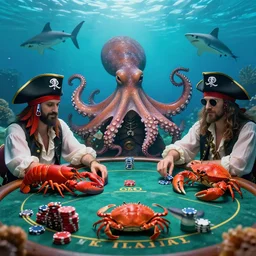 a photo of an octopus, a lobster, a crab, a shark, all playing poker under the ocean dressed like pirates. realistic and detailed.