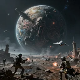 hyperdetailed image of a space battle on a distant unknown creepy planet 8 k extremely detailed hd hyperrealism mysterious