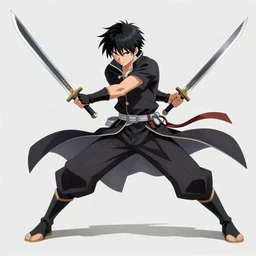 « Concept art of an anime character fighting with two epic swords of flame, with an epic pose, trending in artstation »