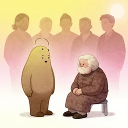 mr blobby visiting his gran, by greg rutkowski, by greg, tocchini, by james gilleard, by joe fenton, by kaethe butcher, gradient yellow, pink, brown and white color scheme, grunge aesthetic!!! ( ( silly background ) )