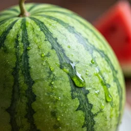 close - up shot of a watermelon drenched in green slime, macro lens, depth of field