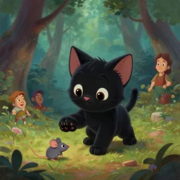 a beautiful painting of a cute black kitten catching a mouse in a forest. disney character design by cory loftis, fenghua zhong, ryohei hase, ismail inceoglu and ruan jia. artstation, volumetric light, detailed, photorealistic, rendered in octane