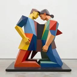 kinetic sculpture of the two humans bodies collapsing each other, colorful, contemporary art, masterpiece, peaceful, romantic, geometric, symetrical, symetrical composition by Koons