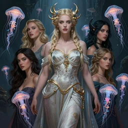 ultra realistic illustration, a stunningly beautiful greek gothic goddess of chaos played by jordyn jones and dove cameron and margot robbie and taylor swift and megan fox and adriana lima, jellyfish intricate, elegant, highly detailed, digital painting, artstation, concept art, smooth, sharp focus, illustration, art by artgerm and greg rutkowski and alphonse mucha