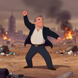 a still from a disney animated film of jeff bezos dancing in a desolate wasteland, piles of trash scattered on the ground, city burning far in the background, 4 k