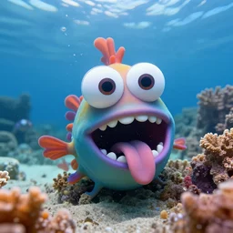 colorful cloudy deep sea under water with strange cute friendly happy creatures with huge eyes, mouth, long tongue and round teeth appearing from sandy coral
