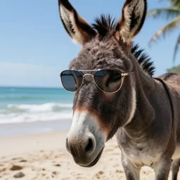 a donkey wearing cool sunglasses at a beautiful beach, 8k, amazing detail, photorealistic