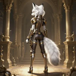 the full body of anthropomorphic lynx fursona from behind wearing a steampunk suit as unimaginably beautiful, gorgeous, elegant, young woman with lynx head and paw pads, an ultrafine hyperdetailed illustration by furaffinity, intricate linework, white fur, unreal engine 5 highly rendered, global illumination, radiant light, detailed and intricate environment
