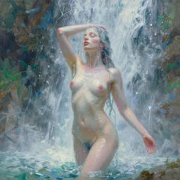painting of a goddess showering in a waterfall, unclothed but veiled in mist, detailed, stylized, loose brush strokes, pastel colors, blue and green hues, by Jeremy Mann, intricate, beautiful