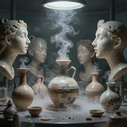 an alchemical laboratory of voices, cermaic vessels, vapour, no humans, 8 k, unreal,