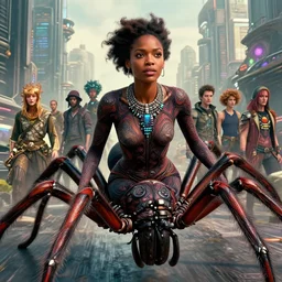 realistic detailed photorealistic closeup portrait movie shot of a beautiful black woman riding a giant spider, dystopian city landscape background by denis villeneuve, amano, yves tanguy, alphonse mucha, ernst haeckel, david lynch, edward robert hughes, roger dean, cyber necklace, rich moody colours, sci fi patterns, wide angle