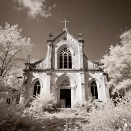 abandoned church with overgrown vegetation, vintage infrared photograph