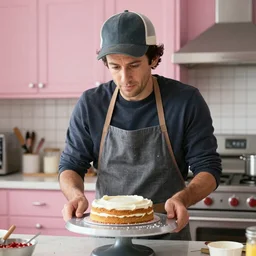 Ben Stiller wearing a baseball cap and baking a cake in a pink kitchen, high detail, cinematic