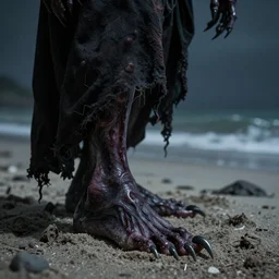 terrific jinn demon in middle of beach with hoof on his feet with long cloth, horror, dark atmosphere, harsh lighting, cinematic lighting, scary, award wining art, artstation, high details, concept art, 4 k