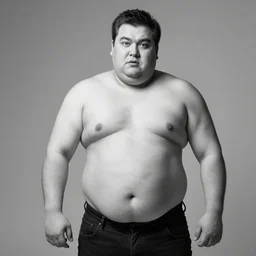 a professional black and white studio photo of a large plump man failing to do a simple exercise lying flat on the ground crying he can't do it failure grainy sad tears depressing