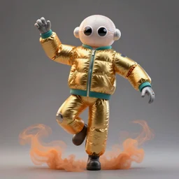 a single striding dancing slender figurine of a tall giant inflated space man wearing over sized gold teal puffy bomber jacket, long bendy arms and legs, googly eyes, tareme eyes, small head, personification, dynamic pose, detailed product photo, tone mapped, beautiful composition, orange mist swirling at feet, 8 5 mm, f 5. 8, soft lighting