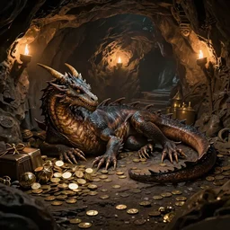 a very old dragon laying down near her loot, in a cave, dark - lit with torches along the walls, with many gold coins, many treasures, piled around, very high detail, 8 k, artstation