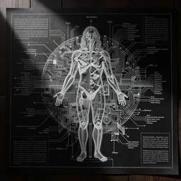 anatomical diagram of spirituality, schematic, technical diagram, black paper, exceedingly insanely intricate, davinci, circuits, infographic, blueprint, illuminated manuscript, hand drawn, sketch