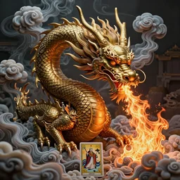 highly intricate matte painting of an ancient chinese dragon breathing fire, surrounded by flowing swirling smoke clouds, complex, tarot card, powerful, cinematic, beautifully lit, by john howe, beeple, felix englund, karol bak, james jean, 3 d, trending on cgsociety, octane render, 8 k